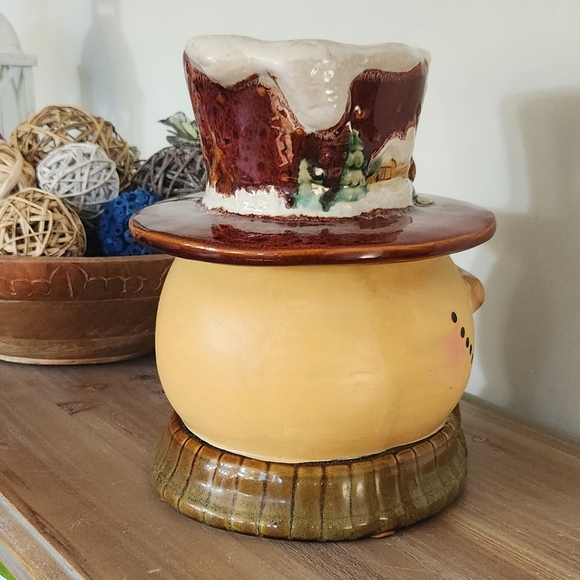 ☃️ Kirklands Bohemian Style Snowman Cookie Jar – Hand-Painted Ceramic, 9.5” - Picture 4 of 15